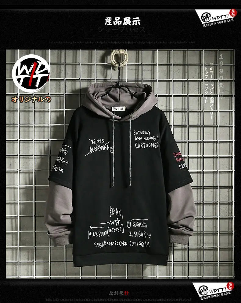 Spring /Autumn Sweater Male Retro Mock Two-Piece Hooded Korean Hip Hop Print Sweatshirt Loose Hoodie Fleece Padded Jacket Men's