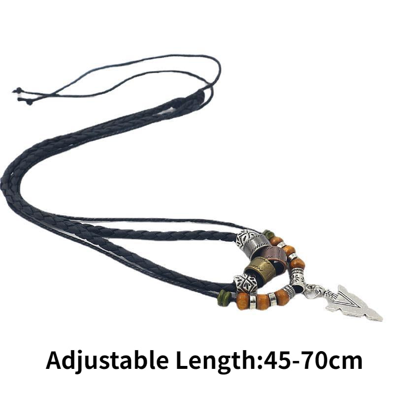 Stacked Artificial Leather Rope Beaded Necklace Men Vintage Layered Tribal Arrow Pendant Necklace For Men Jewelry Collar Hombre