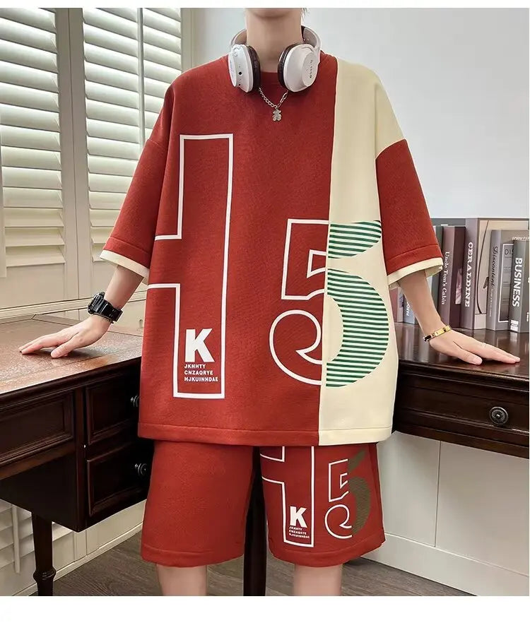 Men's T-Shirt Shorts 2-Piece Set 2024 Red Tracksuit Korean of Harajuku High Street Clothing Creative Pattern Men's Short Suit