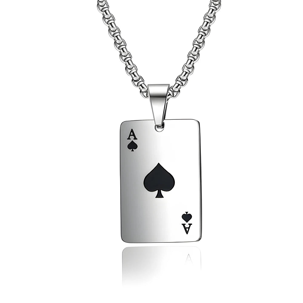 Hip Hop Stainless Steel Poker Card Ace of Spades Necklace For Men Pendant Chain Playing Cards Jewelry Ace of Hearts Necklaces