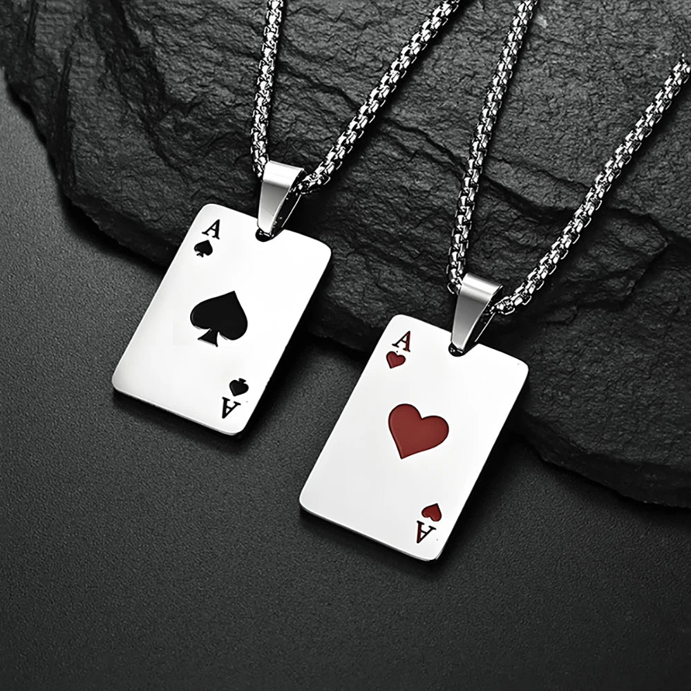 Hip Hop Stainless Steel Poker Card Ace of Spades Necklace For Men Pendant Chain Playing Cards Jewelry Ace of Hearts Necklaces