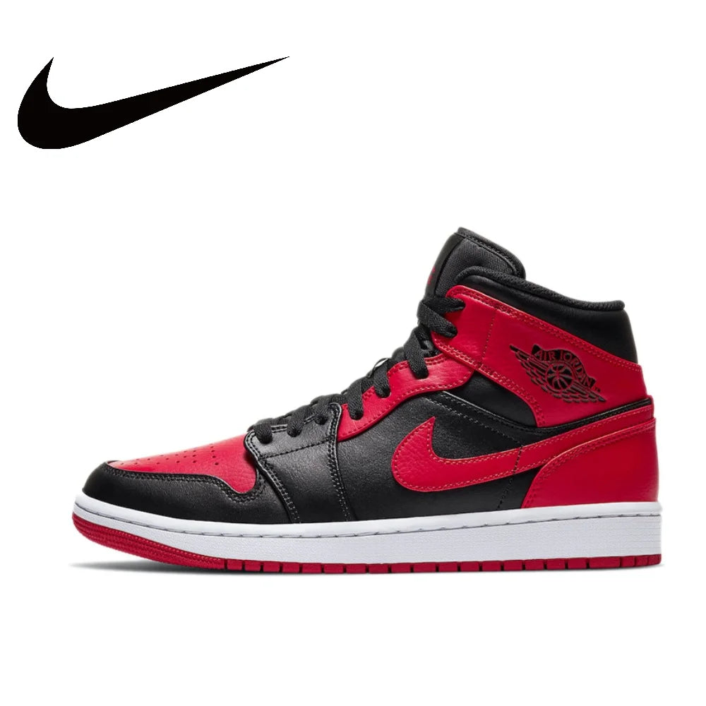 Nike Original Air Jordan 1 Mid Mens Retro Classic Basketball Sneakers Classic Black and Red Colorway