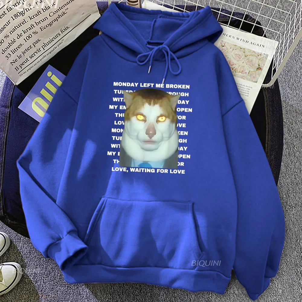 Streetwear Ropa Hombre Hoodies Meme CAT Monday Left Me Broken Sweatshirts Long Sleeve Casual Winter Pullovers Funny Print Hoodie