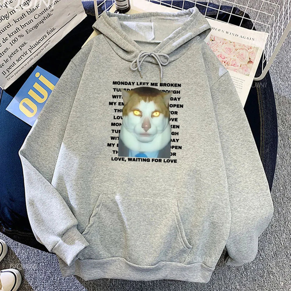 Streetwear Ropa Hombre Hoodies Meme CAT Monday Left Me Broken Sweatshirts Long Sleeve Casual Winter Pullovers Funny Print Hoodie