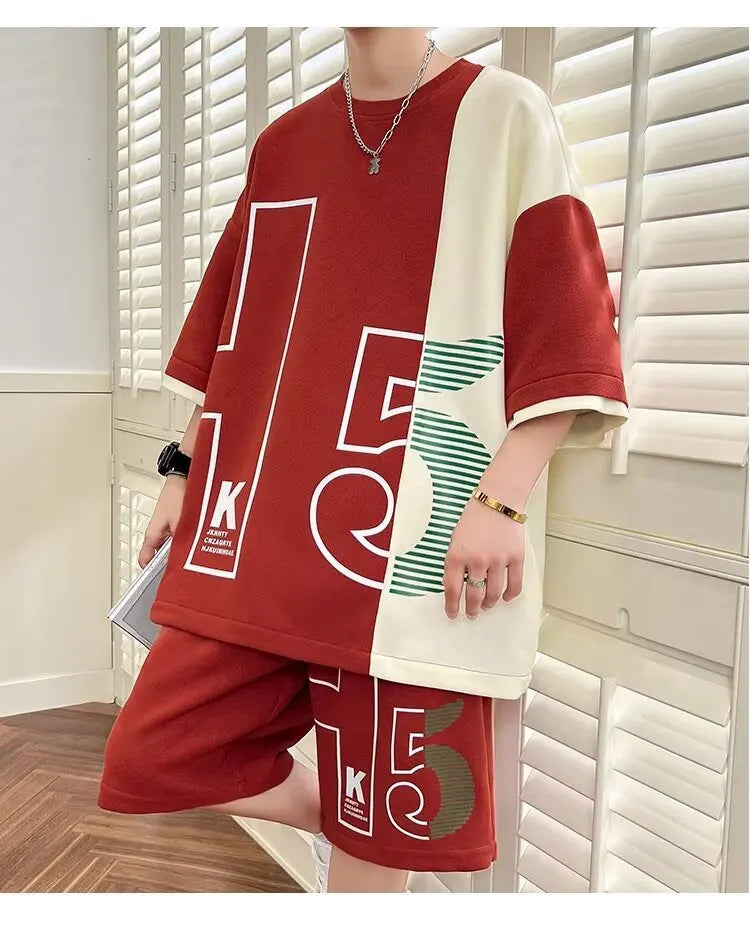 Men's T-Shirt Shorts 2-Piece Set 2024 Red Tracksuit Korean of Harajuku High Street Clothing Creative Pattern Men's Short Suit