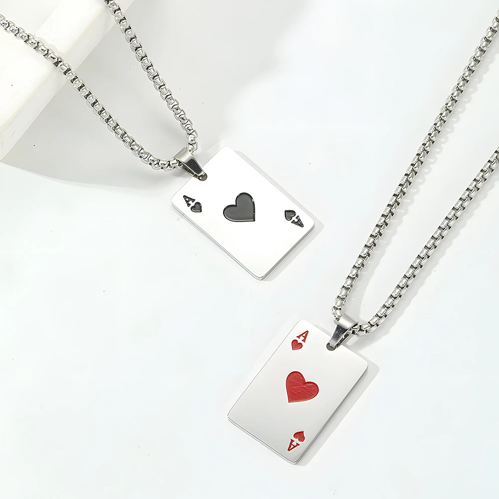 Hip Hop Stainless Steel Poker Card Ace of Spades Necklace For Men Pendant Chain Playing Cards Jewelry Ace of Hearts Necklaces