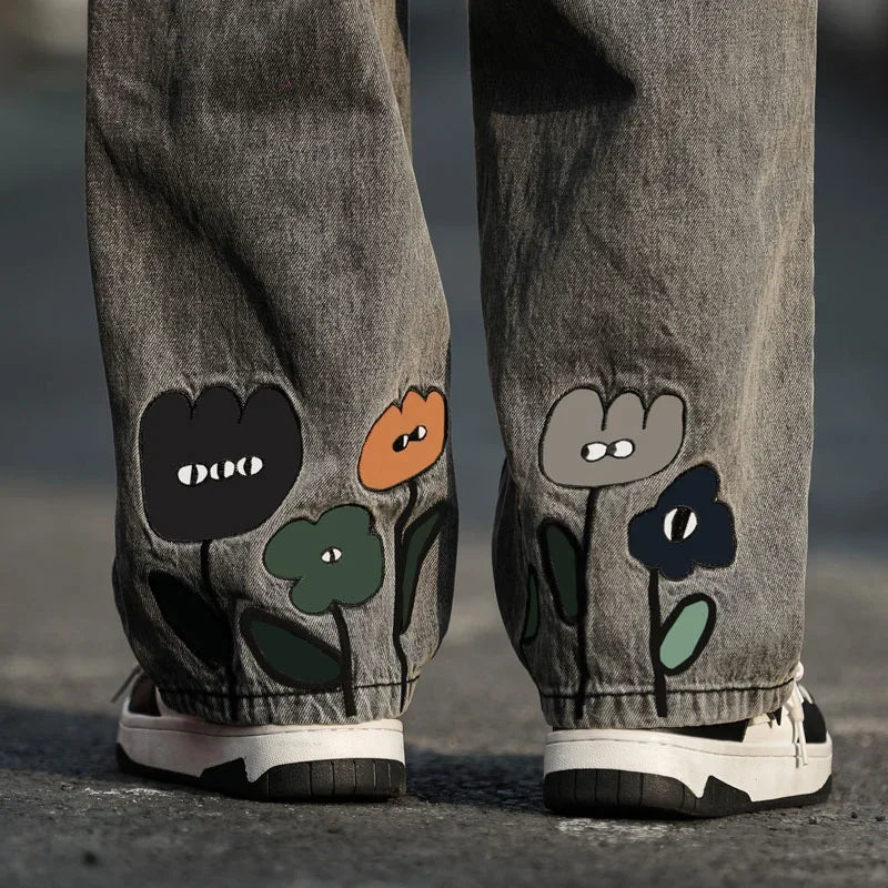 New Men's Y2K Flower Printed Baggy Jeans 2025 Streetwear American Casual Denim Wide-leg Pants Hombre Vintage Straight Trousers