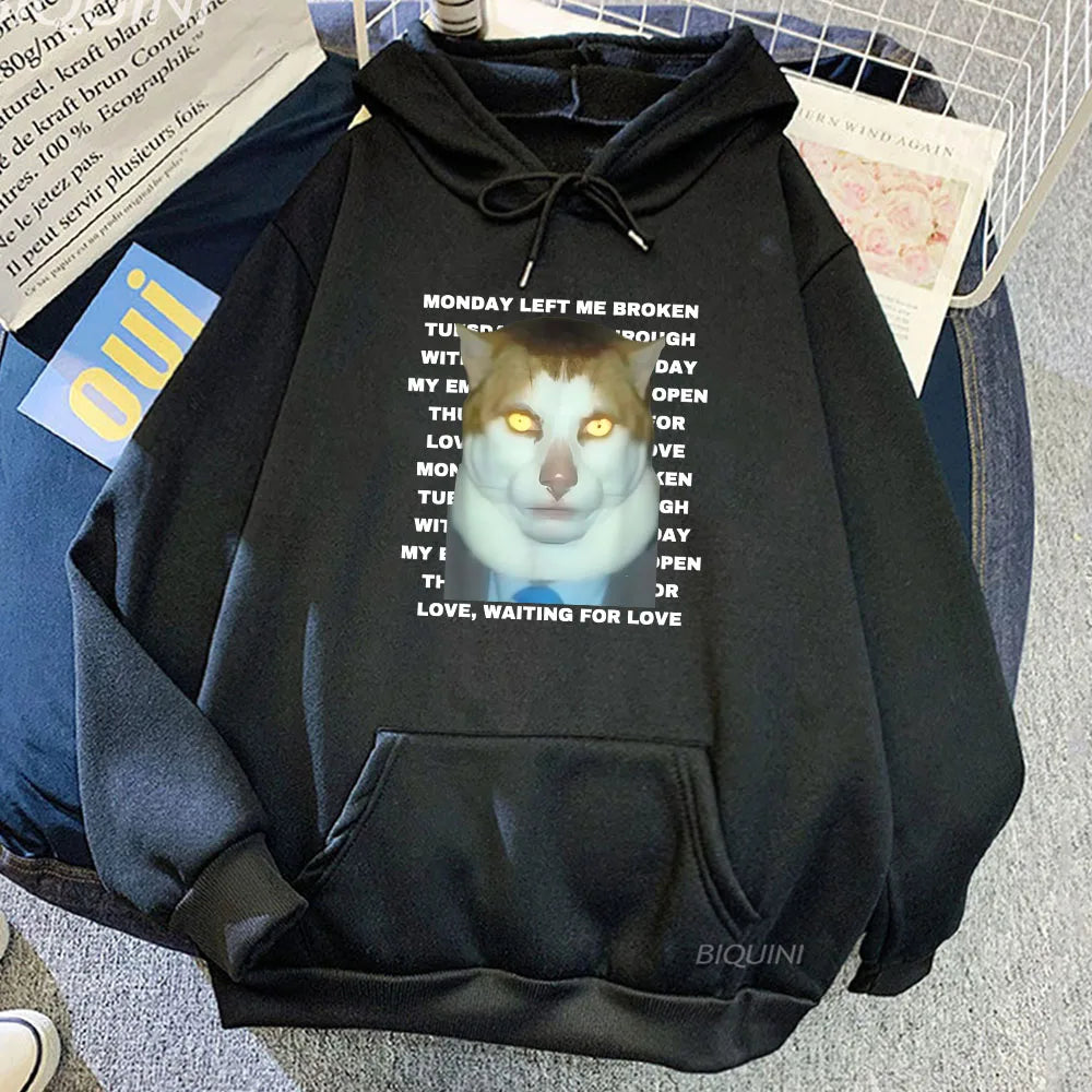 Streetwear Ropa Hombre Hoodies Meme CAT Monday Left Me Broken Sweatshirts Long Sleeve Casual Winter Pullovers Funny Print Hoodie