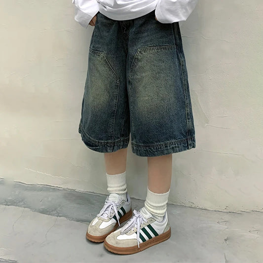 Y2K Vintage Baggy Jean Shorts Womens Washed Wide Leg Capri Pants Casual Barrel Jeans Denim Shorts Mens Oversized Jorts