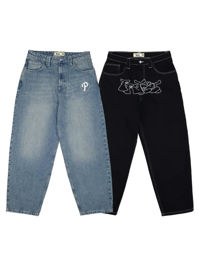 Y2k Men Retro Harajuku Clothing 2023 New Baggy Casual Wide Leg Jeans Hip Hop Print Jeans Trend Fashion Black High waist Jean