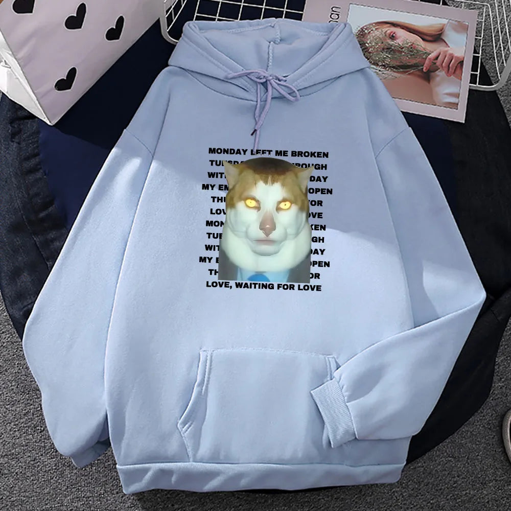 Streetwear Ropa Hombre Hoodies Meme CAT Monday Left Me Broken Sweatshirts Long Sleeve Casual Winter Pullovers Funny Print Hoodie