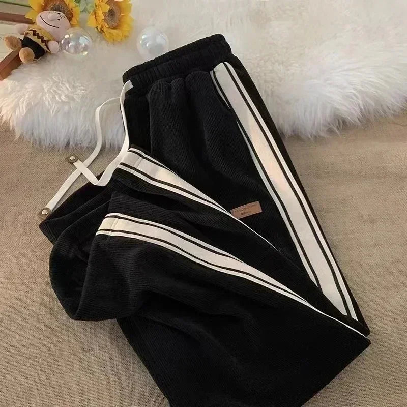 2025 Corduroy Striped Sweatpants Women Streetwear Thick Wide Leg Pants Y2K Harajuku High Waist Joggers Korean Baggy Trousers