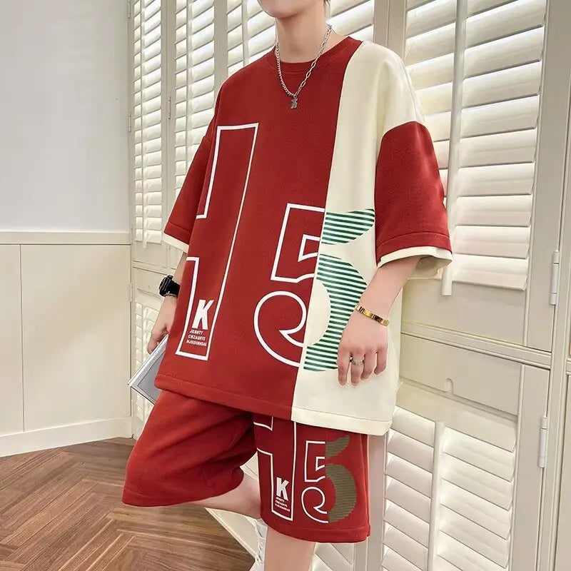 Men's T-Shirt Shorts 2-Piece Set 2024 Red Tracksuit Korean of Harajuku High Street Clothing Creative Pattern Men's Short Suit