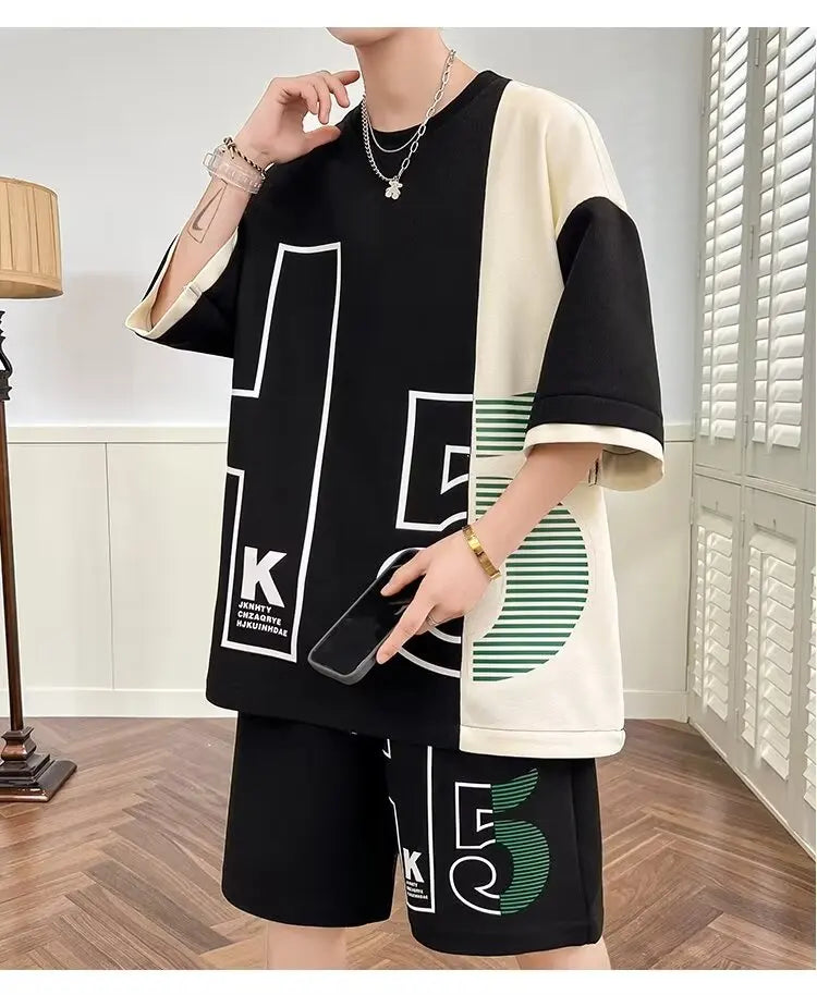 Men's T-Shirt Shorts 2-Piece Set 2024 Red Tracksuit Korean of Harajuku High Street Clothing Creative Pattern Men's Short Suit