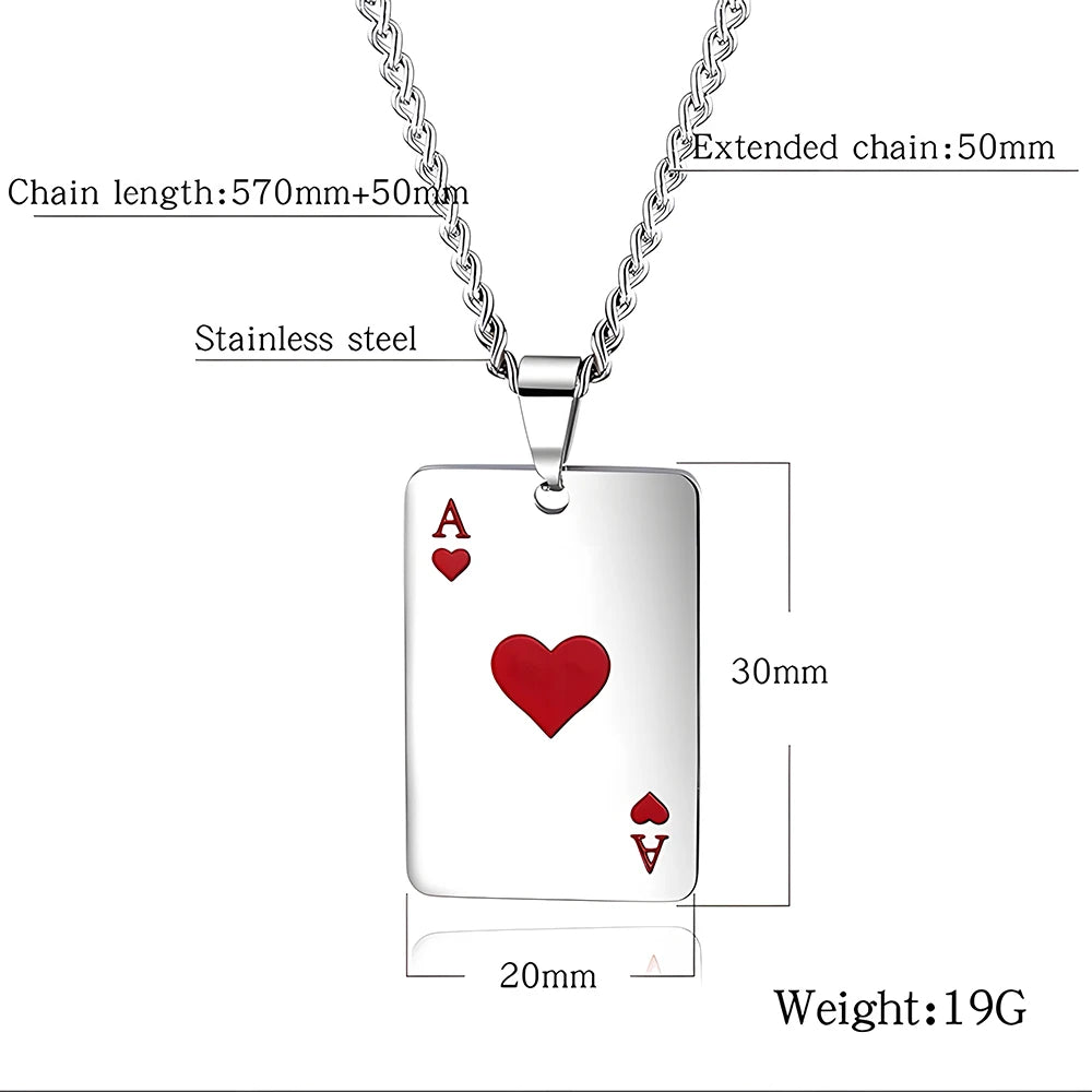 Hip Hop Stainless Steel Poker Card Ace of Spades Necklace For Men Pendant Chain Playing Cards Jewelry Ace of Hearts Necklaces