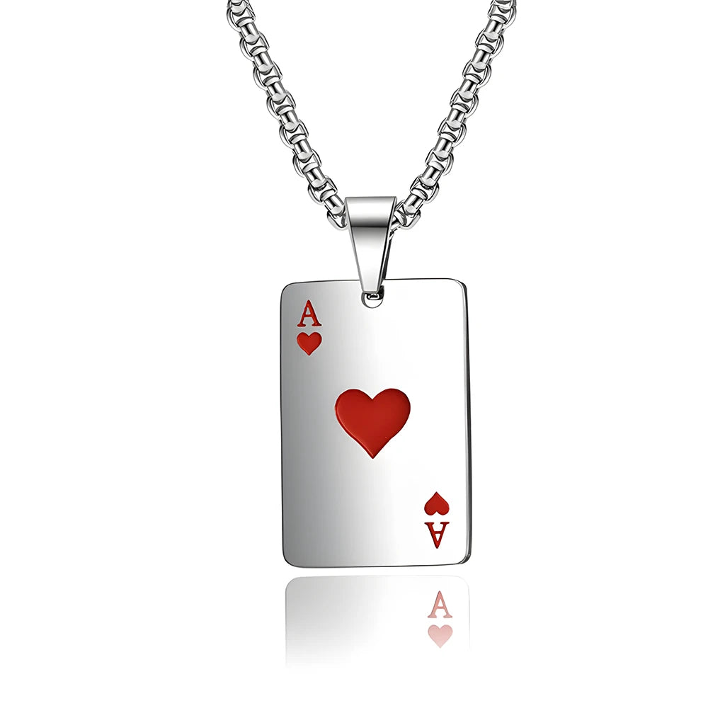 Hip Hop Stainless Steel Poker Card Ace of Spades Necklace For Men Pendant Chain Playing Cards Jewelry Ace of Hearts Necklaces