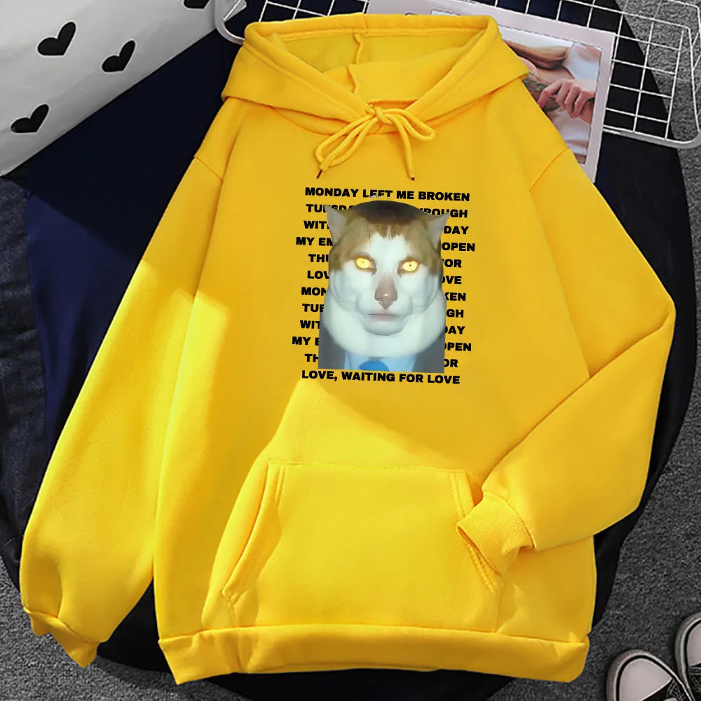 Streetwear Ropa Hombre Hoodies Meme CAT Monday Left Me Broken Sweatshirts Long Sleeve Casual Winter Pullovers Funny Print Hoodie