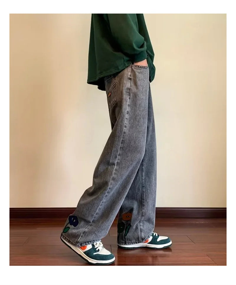 New Men's Y2K Flower Printed Baggy Jeans 2025 Streetwear American Casual Denim Wide-leg Pants Hombre Vintage Straight Trousers