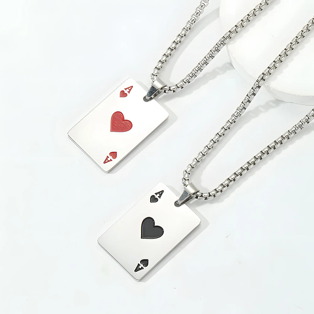 Hip Hop Stainless Steel Poker Card Ace of Spades Necklace For Men Pendant Chain Playing Cards Jewelry Ace of Hearts Necklaces