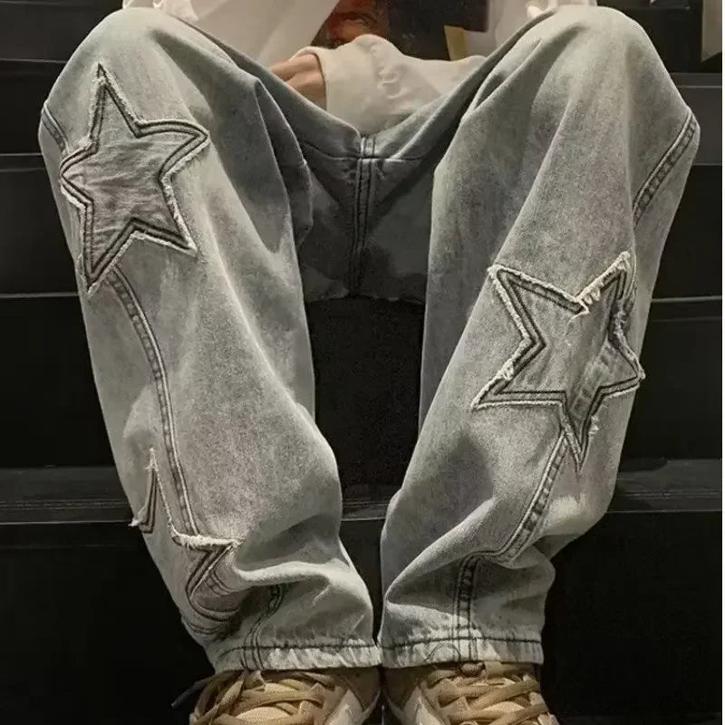 Y2K Vintage Streetwear Jeans Women Harajuku Star Aesthetic Wide Leg Denim Trousers High Waist Unisex Couple Straight Pants