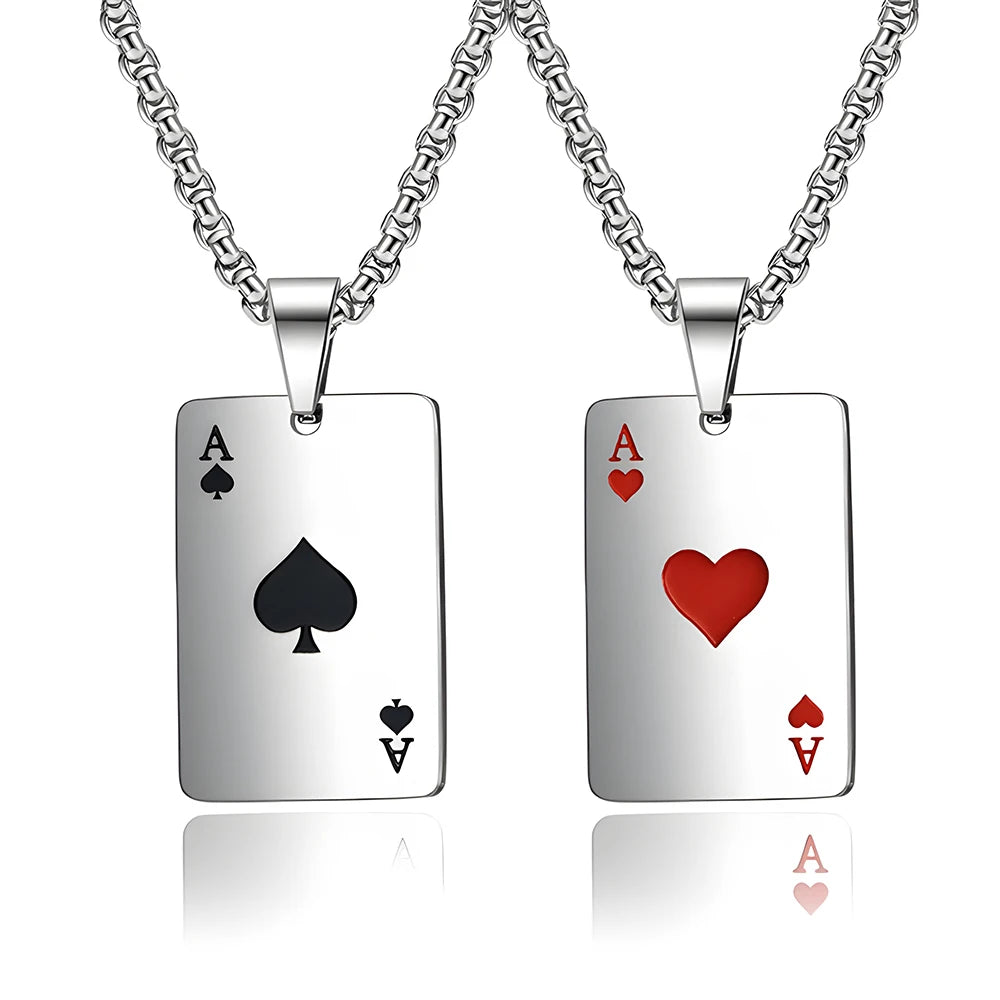 Hip Hop Stainless Steel Poker Card Ace of Spades Necklace For Men Pendant Chain Playing Cards Jewelry Ace of Hearts Necklaces