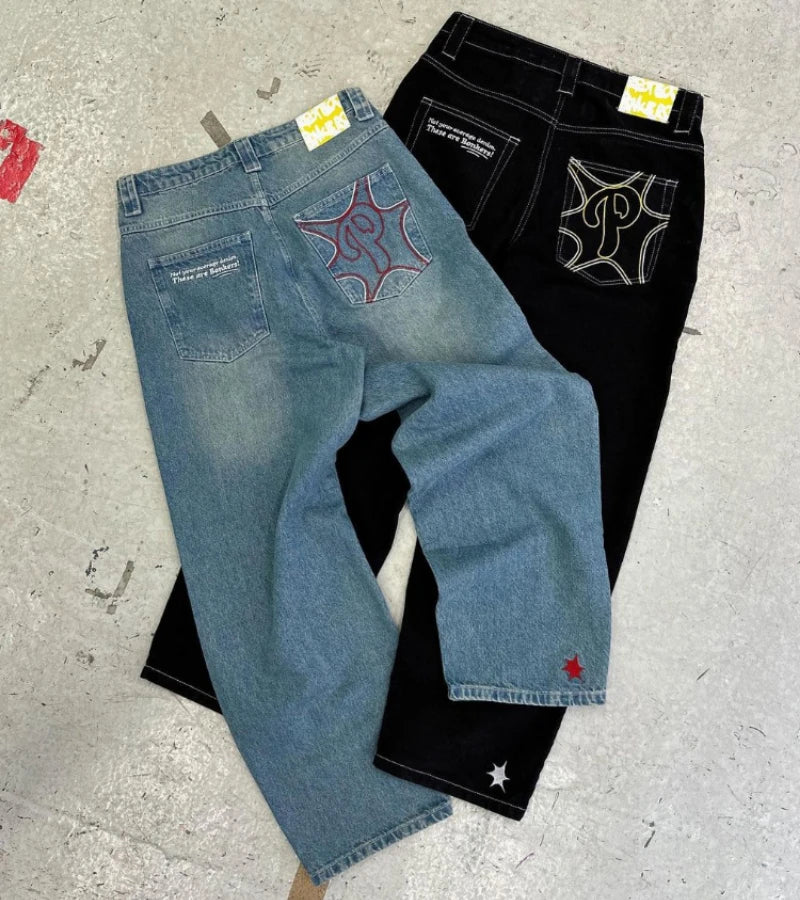 Y2k Men Retro Harajuku Clothing 2023 New Baggy Casual Wide Leg Jeans Hip Hop Print Jeans Trend Fashion Black High waist Jean