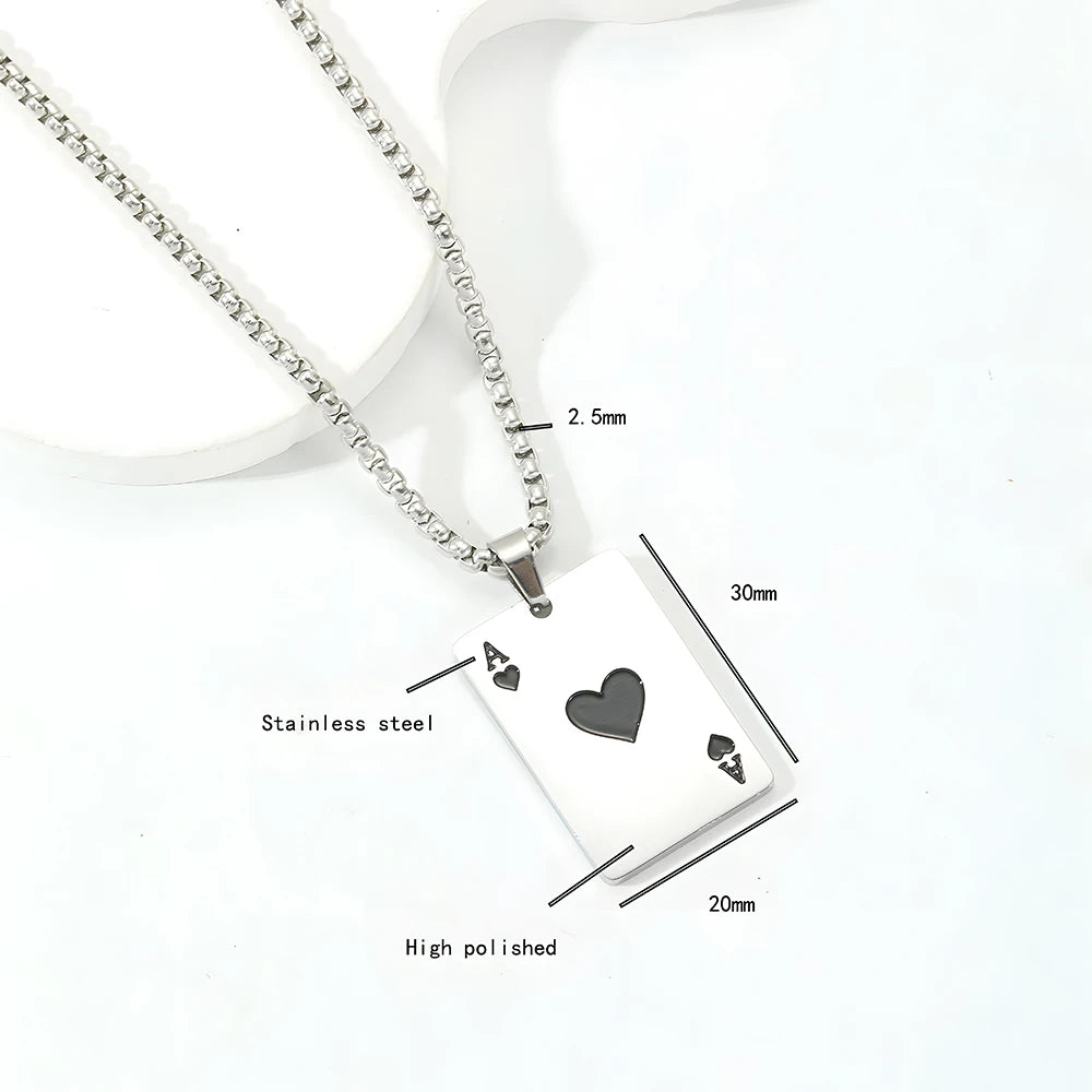 Hip Hop Stainless Steel Poker Card Ace of Spades Necklace For Men Pendant Chain Playing Cards Jewelry Ace of Hearts Necklaces