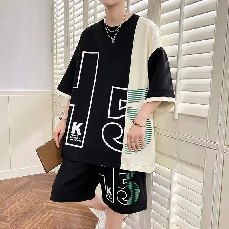 Men's T-Shirt Shorts 2-Piece Set 2024 Red Tracksuit Korean of Harajuku High Street Clothing Creative Pattern Men's Short Suit