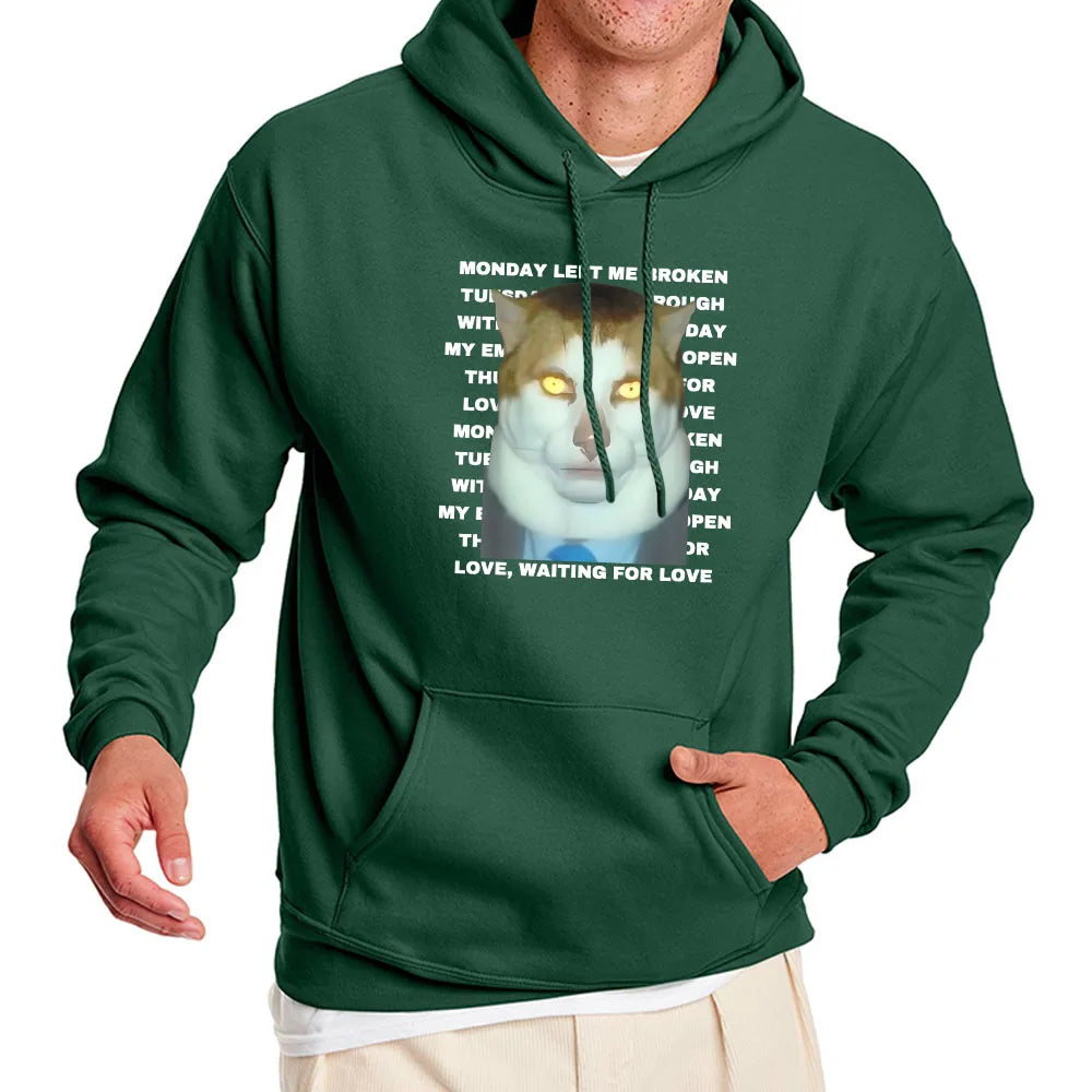 Streetwear Ropa Hombre Hoodies Meme CAT Monday Left Me Broken Sweatshirts Long Sleeve Casual Winter Pullovers Funny Print Hoodie