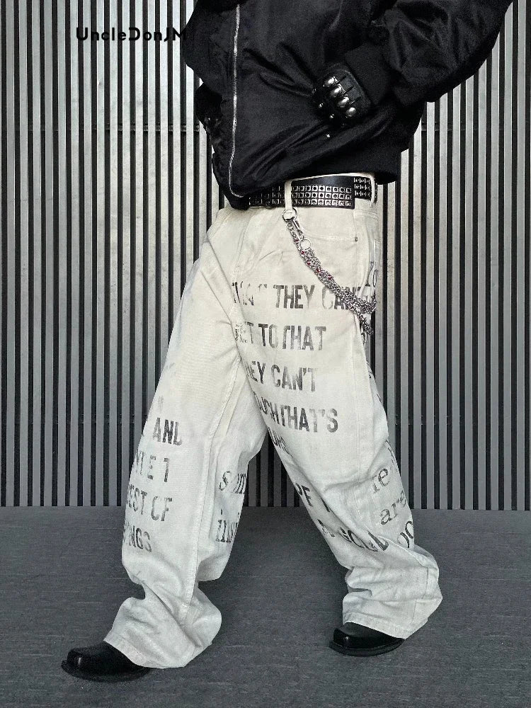 Uncledonjm Letter Print Dirty Jeans Men High Street Y2k Men’s Jeans Harajuku Baggy Jeans