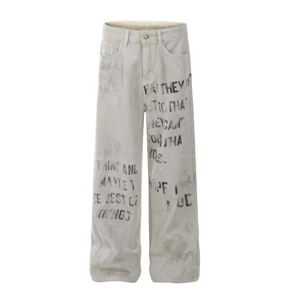 Uncledonjm Letter Print Dirty Jeans Men High Street Y2k Men’s Jeans Harajuku Baggy Jeans