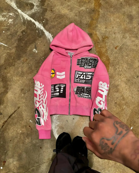 Y2k Fashion Men Letter Printed Zipper Pink Hoodie Casual New Vintage Harajuku Hip Hop Loose Long Sleeved Jacket Hip hop Hoodie