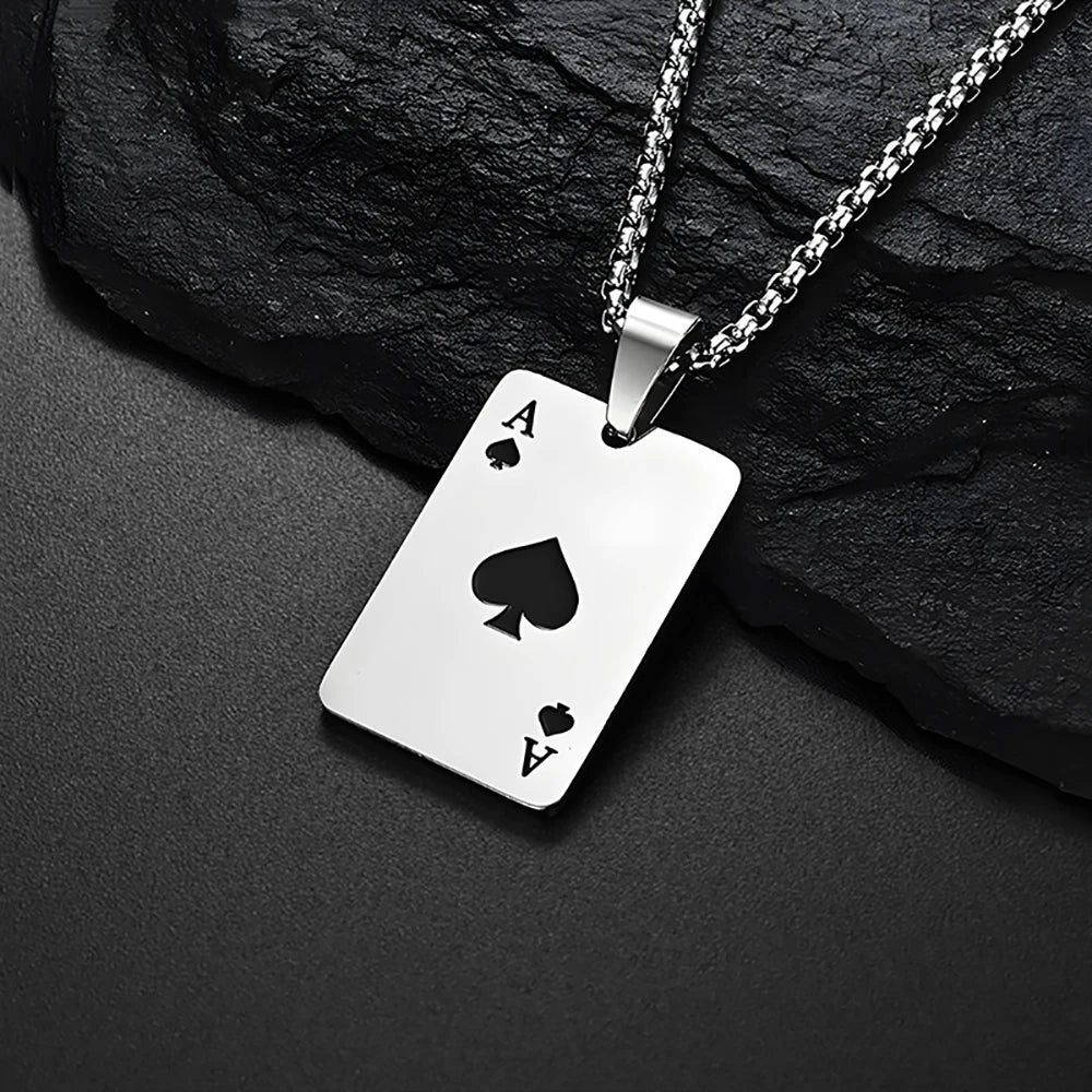 Hip Hop Stainless Steel Poker Card Ace of Spades Necklace For Men Pendant Chain Playing Cards Jewelry Ace of Hearts Necklaces