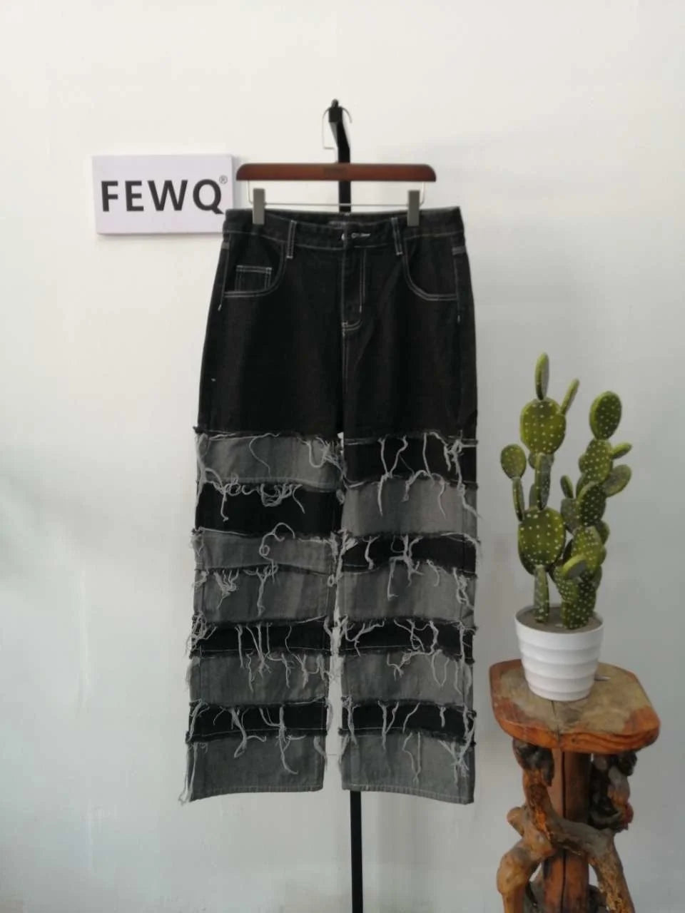 FEWQ Men's Tassel Darkwear Jeans Vintage Trendy Patchwork Male Denim Trousers High Street Straight Pants 2023 Spring New 24B2185