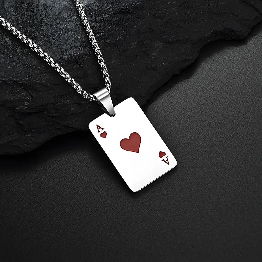 Hip Hop Stainless Steel Poker Card Ace of Spades Necklace For Men Pendant Chain Playing Cards Jewelry Ace of Hearts Necklaces